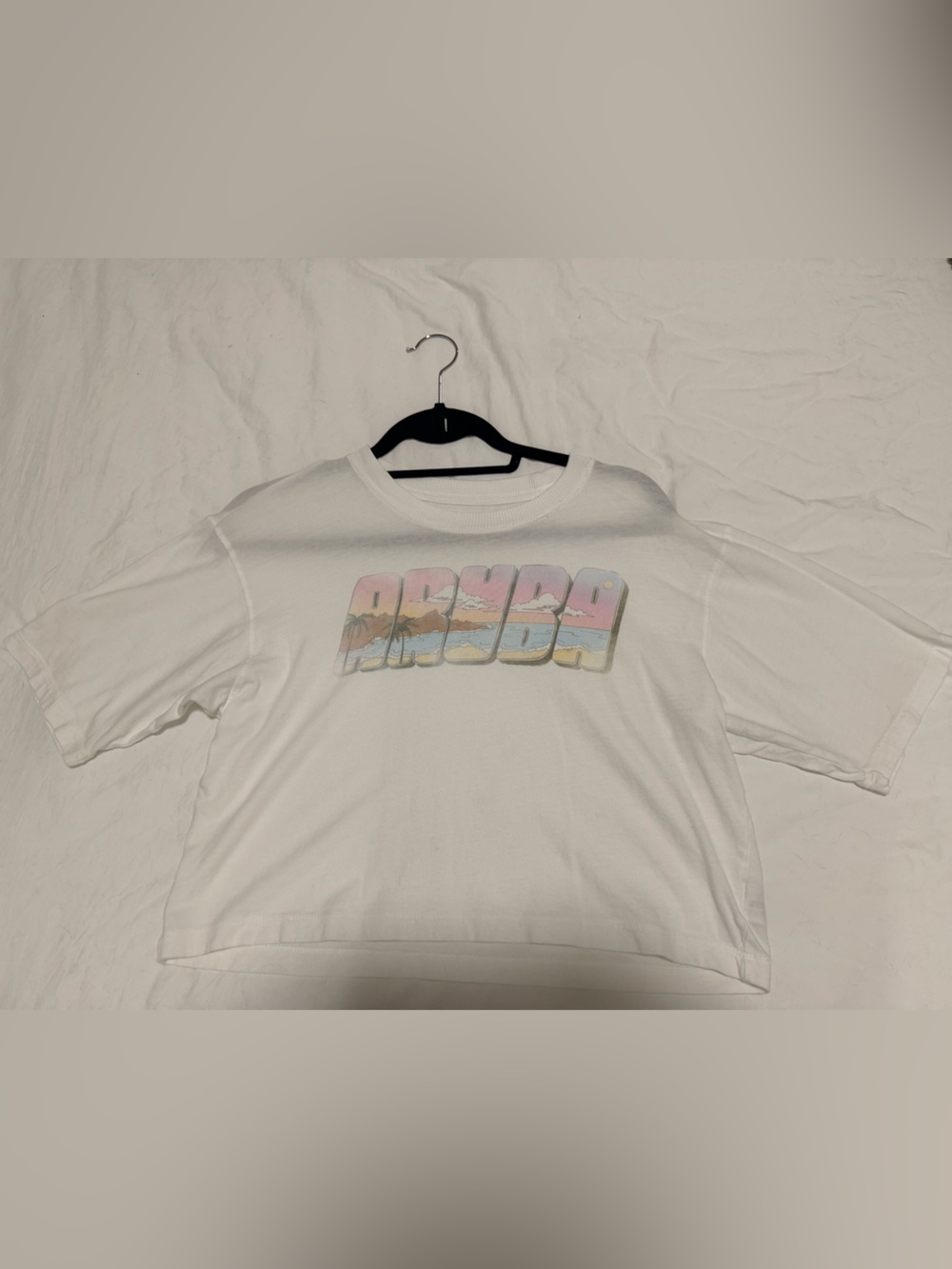 American Eagle Outfitters White Short-Sleeve Tee with Pastel Beach Graphic